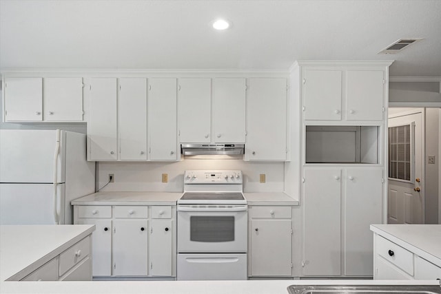 kitchen with white cabinetry, white appliances, and crown molding