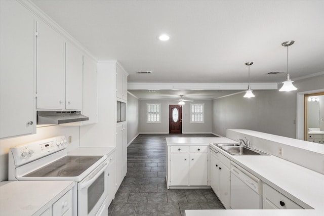 kitchen with white cabinetry, decorative light fixtures, white appliances, ornamental molding, and sink