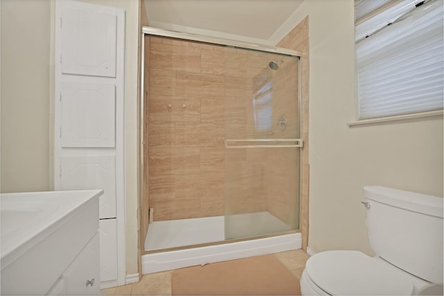 bathroom featuring toilet, walk in shower, and tile patterned flooring