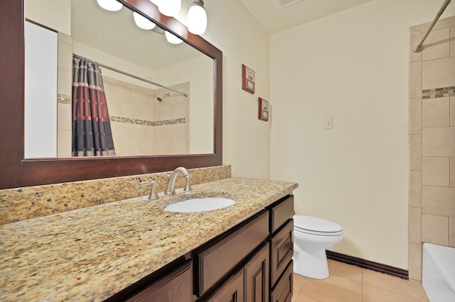 full bathroom with toilet, vanity, shower / tub combo, and tile patterned flooring