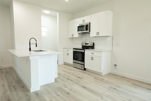 kitchen featuring appliances with stainless steel finishes, white cabinetry, tasteful backsplash, sink, and kitchen peninsula