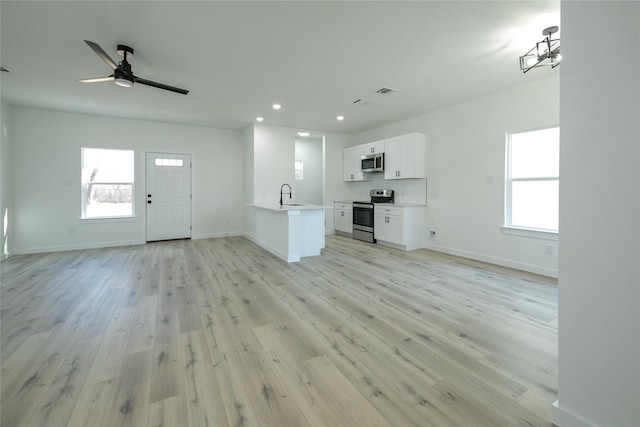 unfurnished living room featuring ceiling fan, plenty of natural light, sink, and light hardwood / wood-style flooring