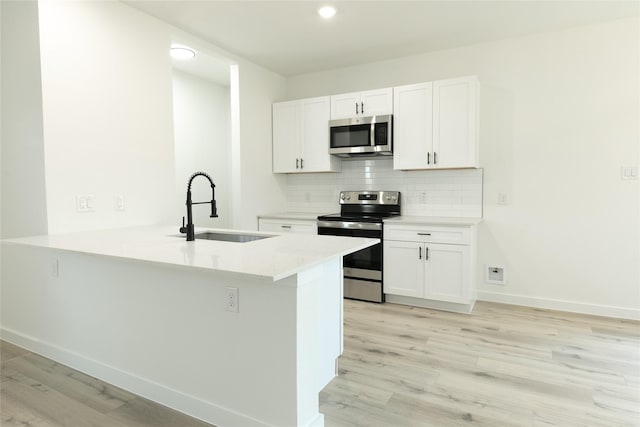 kitchen with kitchen peninsula, appliances with stainless steel finishes, white cabinets, and sink