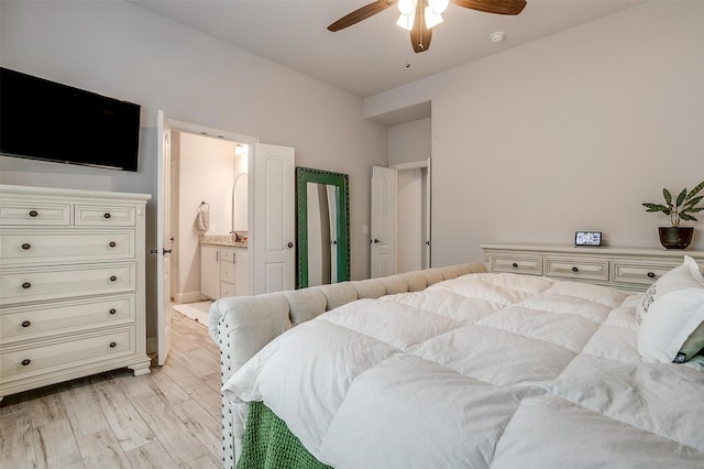 300 Ben Thomas St, Burleson, TX 76028 - bedroom featuring light wood-type flooring, connected bathroom, and ceiling fan