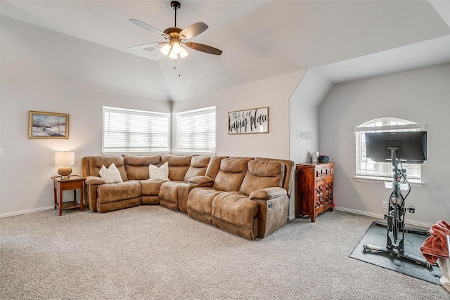 living room with lofted ceiling, carpet flooring, a ceiling fan, and baseboards