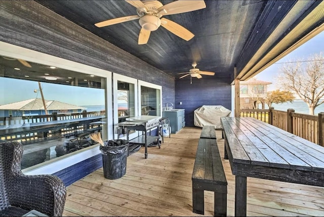 wooden terrace featuring ceiling fan and sink