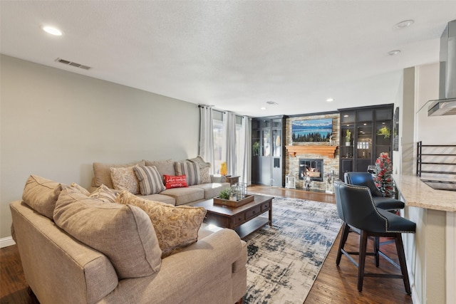 living room featuring dark wood-type flooring and a fireplace