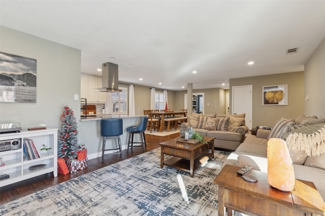 living room with dark hardwood / wood-style flooring