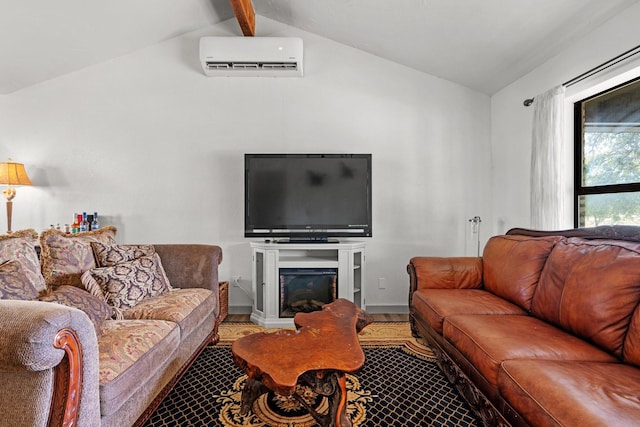 living room with vaulted ceiling with beams and an AC wall unit