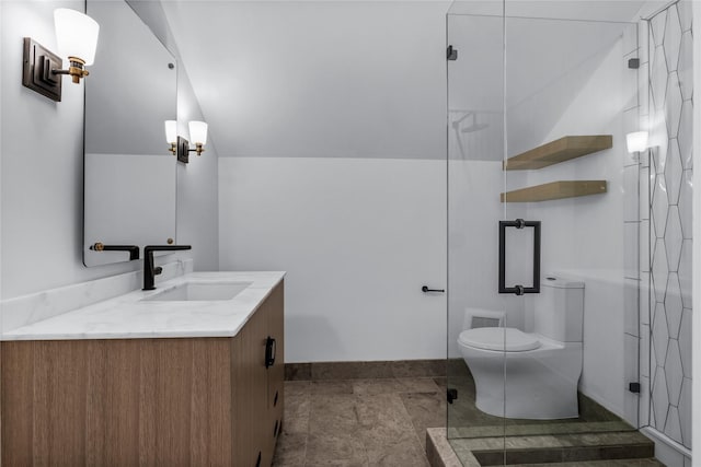 bathroom with vaulted ceiling, toilet, walk in shower, and vanity