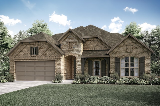 french country style house with concrete driveway, stone siding, roof with shingles, a front lawn, and brick siding