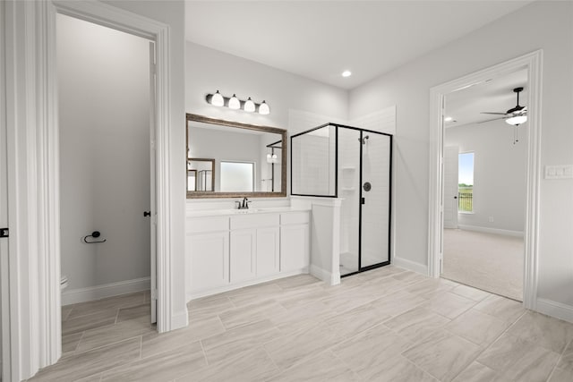 3270 Arbor Grove Trl, Midlothian, TX 76065 - bathroom with a stall shower, a ceiling fan, vanity, toilet, and baseboards