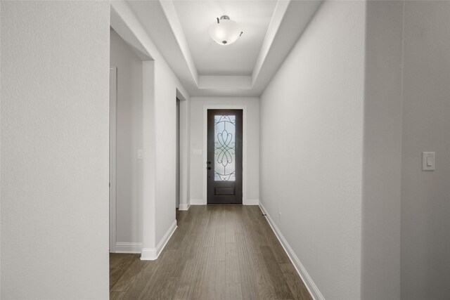 3270 Arbor Grove Trl, Midlothian, TX 76065 - entryway featuring dark wood-style flooring, baseboards, and a tray ceiling