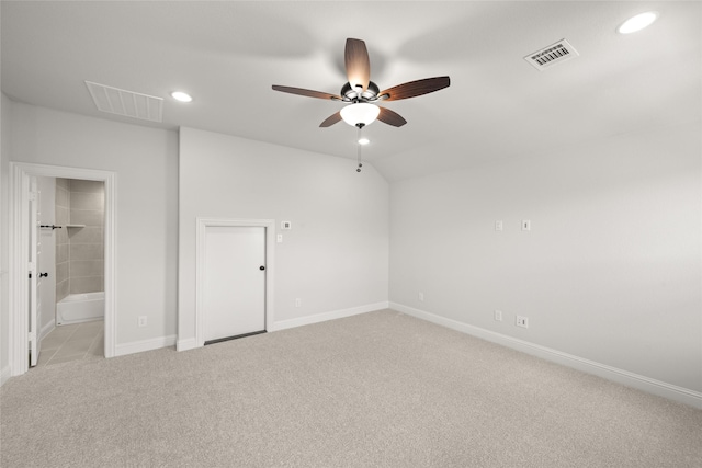 3270 Arbor Grove Trl, Midlothian, TX 76065 - unfurnished bedroom featuring light carpet, recessed lighting, baseboards, connected bathroom, and vaulted ceiling