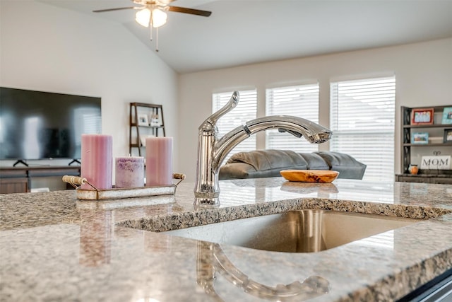 details with light stone countertops, sink, and ceiling fan