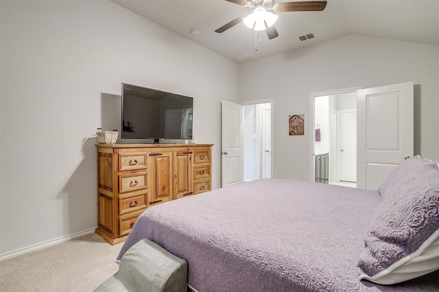 bedroom featuring ceiling fan, lofted ceiling, and light colored carpet