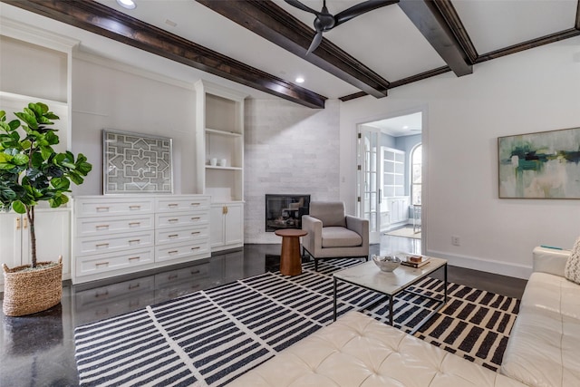 living room with built in shelves, wood-type flooring, and beamed ceiling