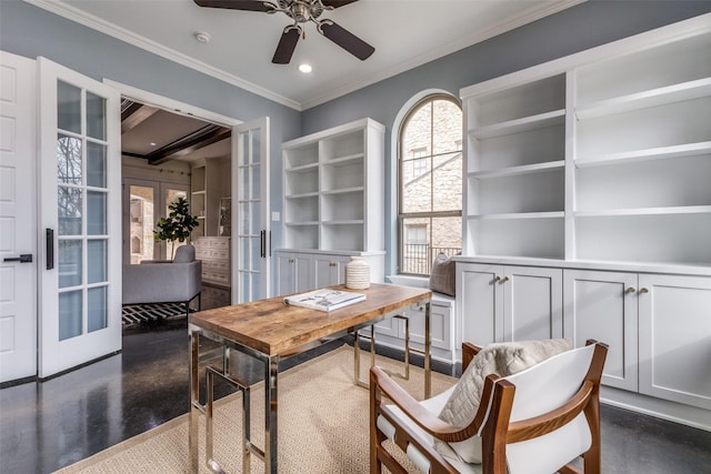 office area with ceiling fan, crown molding, and french doors