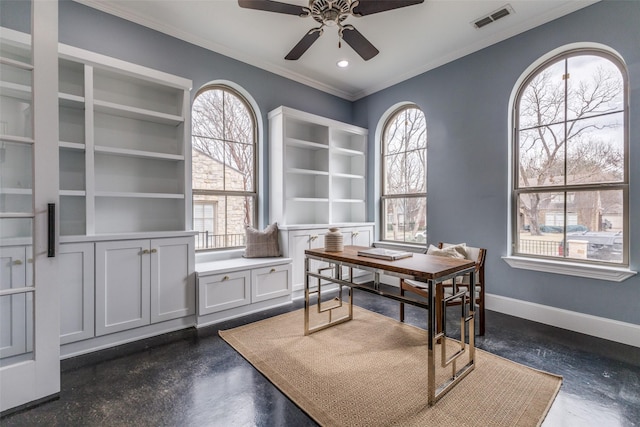 office featuring crown molding, built in features, a healthy amount of sunlight, and ceiling fan