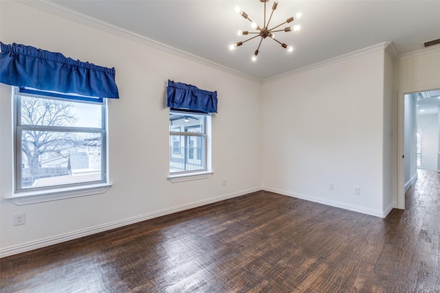 unfurnished room with crown molding, dark hardwood / wood-style floors, and an inviting chandelier