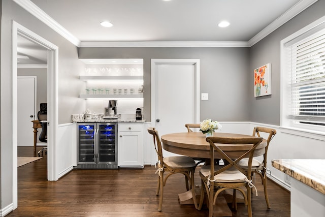 bar featuring light stone countertops, white cabinets, crown molding, and wine cooler