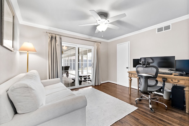 office area with ceiling fan, dark hardwood / wood-style flooring, and ornamental molding