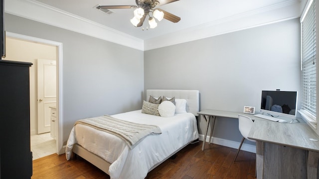 bedroom with ceiling fan, dark hardwood / wood-style flooring, and ornamental molding