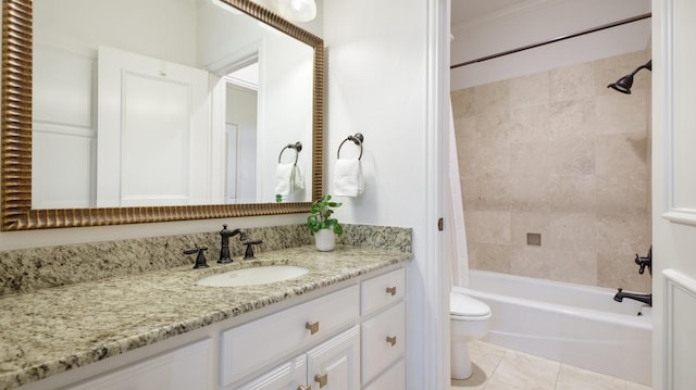 full bathroom featuring toilet, shower / bath combo with shower curtain, tile patterned flooring, crown molding, and vanity