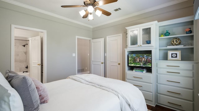 bedroom featuring ceiling fan and ornamental molding