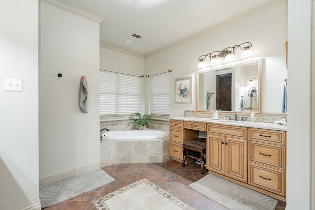 bathroom with vanity, ornamental molding, and a relaxing tiled tub