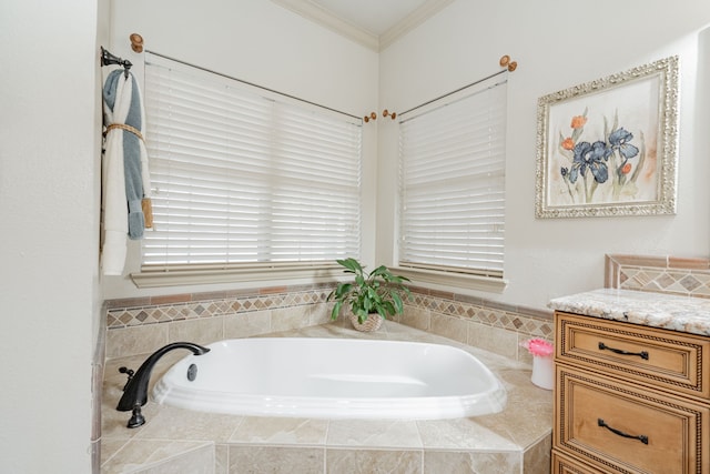 bathroom featuring tiled bath and ornamental molding