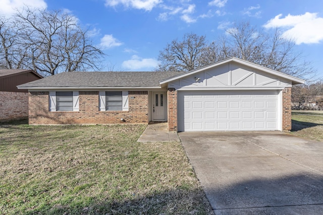 ranch-style house with a front yard and a garage