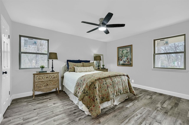 bedroom with ceiling fan and wood-type flooring