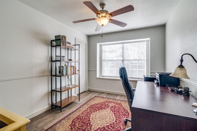 office featuring ceiling fan and hardwood / wood-style flooring