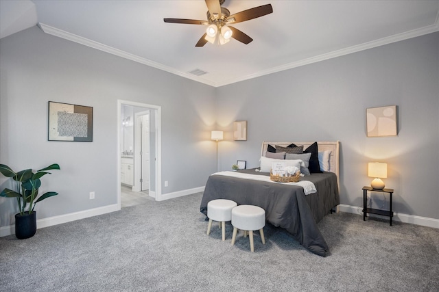 bedroom with crown molding, carpet, ensuite bath, and ceiling fan