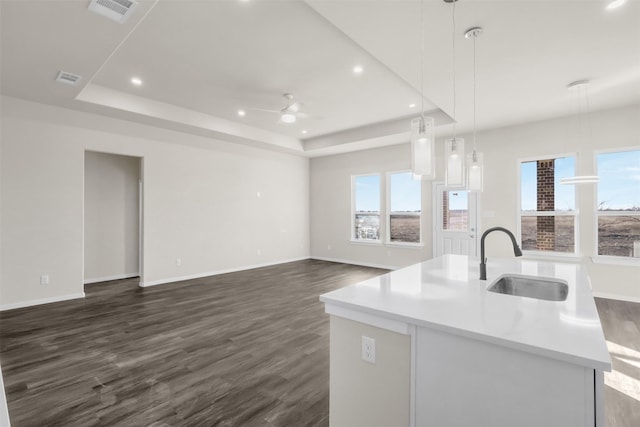 kitchen with decorative light fixtures, a raised ceiling, sink, and a center island with sink