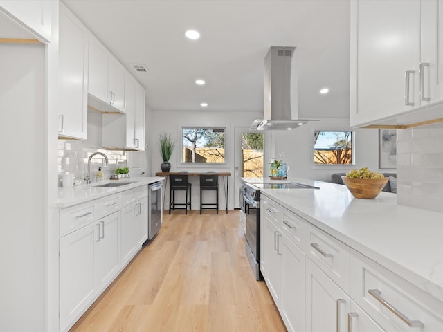 kitchen with sink, white cabinetry, appliances with stainless steel finishes, and island exhaust hood