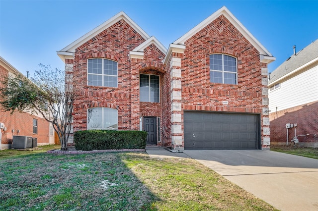 traditional-style house featuring an attached garage, cooling unit, brick siding, driveway, and a front yard