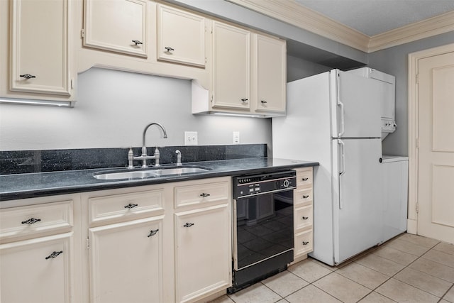 kitchen featuring dishwasher, sink, light tile patterned flooring, stacked washer / dryer, and ornamental molding