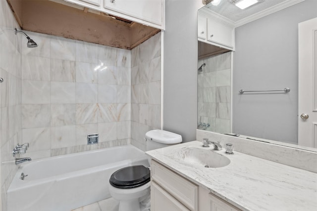 full bathroom with toilet, washtub / shower combination, tile patterned flooring, ornamental molding, and vanity