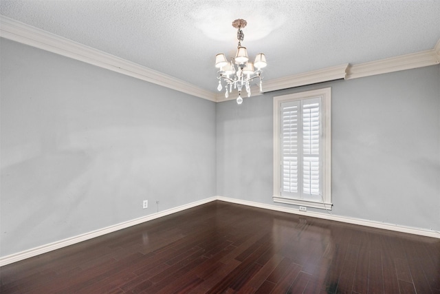 unfurnished room with a chandelier, crown molding, a textured ceiling, and hardwood / wood-style floors