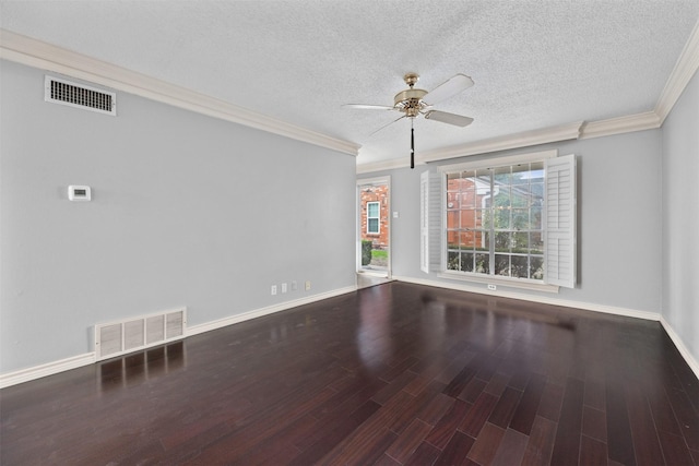 spare room with ceiling fan, dark wood-type flooring, a textured ceiling, and ornamental molding