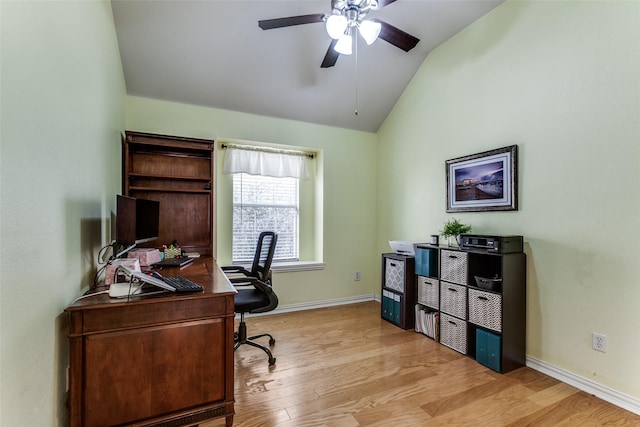 office area featuring ceiling fan, lofted ceiling, and light hardwood / wood-style floors