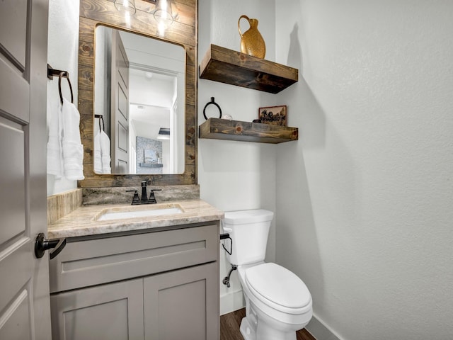 bathroom featuring vanity, toilet, and wood-type flooring