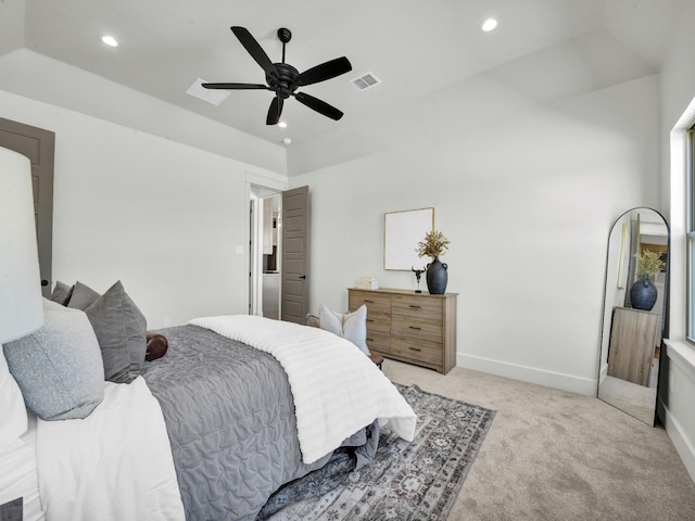 bedroom featuring ceiling fan and light colored carpet