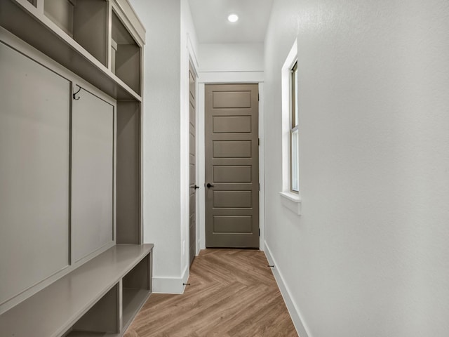 mudroom featuring light parquet floors