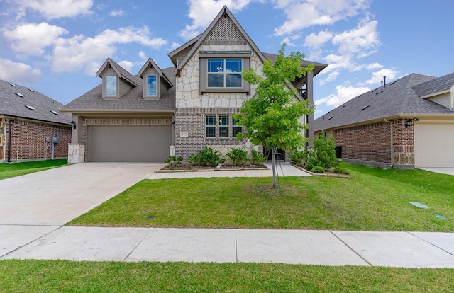 view of front of property with a front yard and a garage