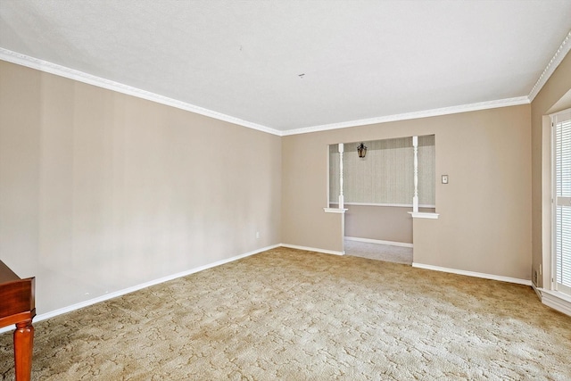 unfurnished room with crown molding and carpet flooring