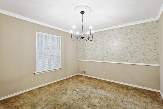 unfurnished dining area with carpet flooring, crown molding, and an inviting chandelier