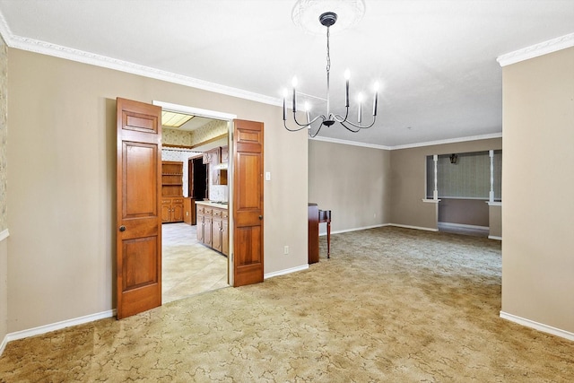 unfurnished dining area featuring an inviting chandelier, ornamental molding, and light colored carpet